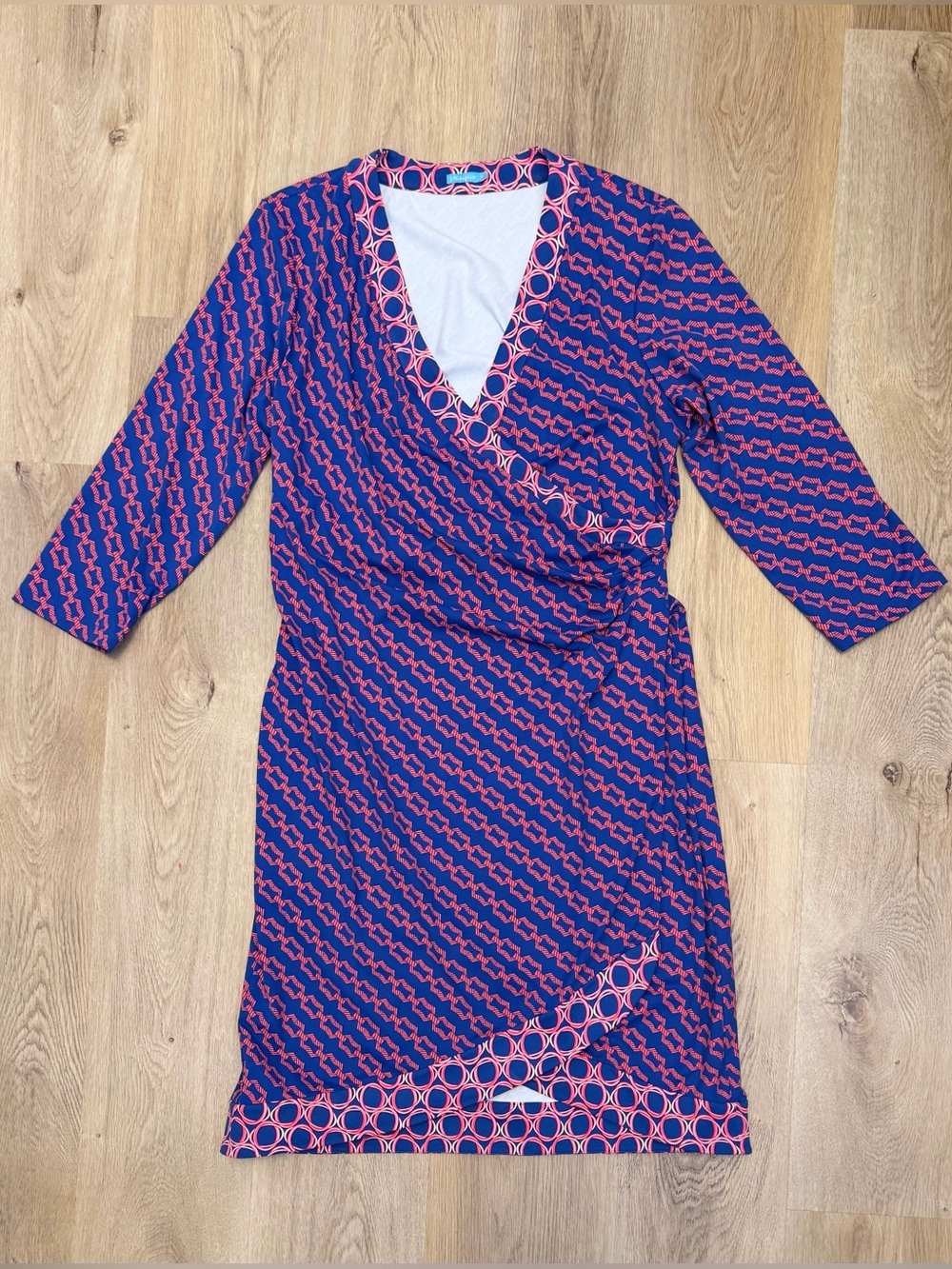 J. McLaughlin Faux Wrap Navy Jersey Dress with Pink Ring Print